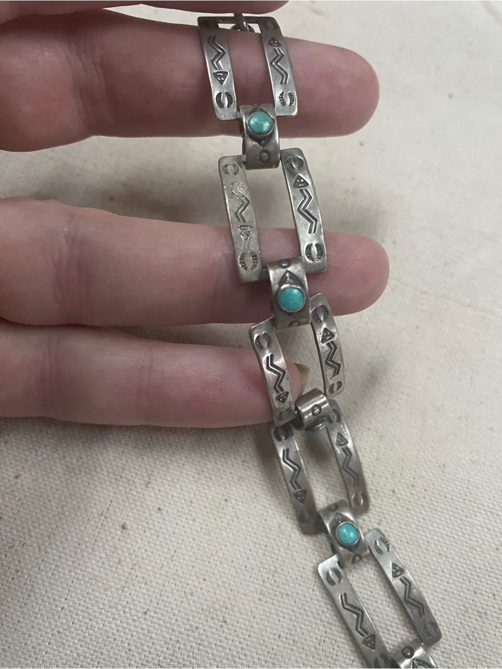 RARE 1930’s Fred Harvey Sterling Silver and Turquoise Link Bracelet!💓